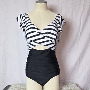 Women's Black & White Striped One-Piece Swimwear